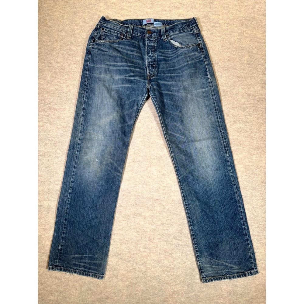Levis 501 Original Jeans Men 34X32 Blue Whiskering Denim Straight Leg Button Fly